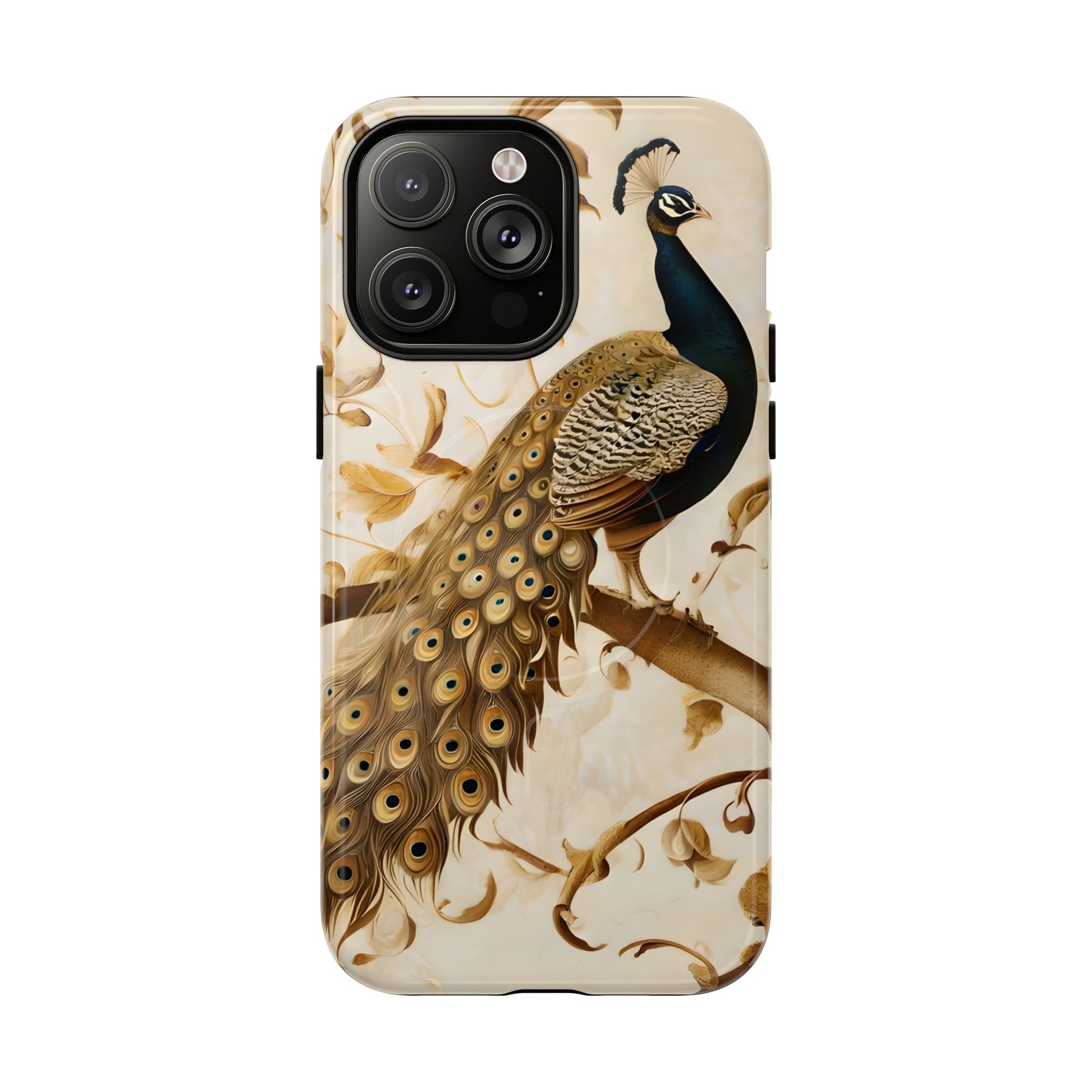 Golden Plumage - Luxe Peacock Art iPhone 14 Pro Max Phone Case - MagSafe Compatible - Elegant Gold & Cream Design
