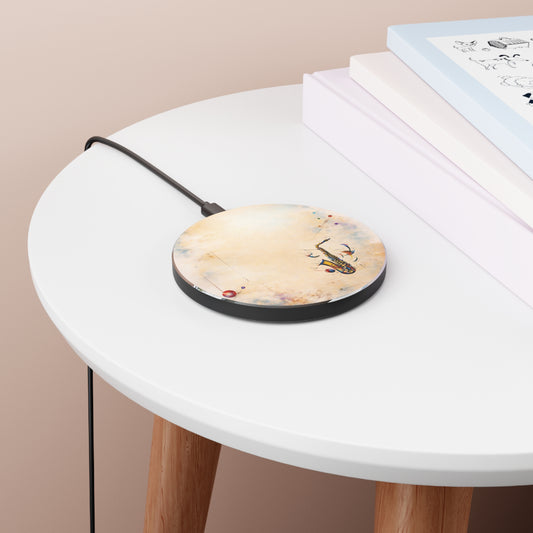 Brass Rhapsody saxophone music art Qi wireless charger on bedside table with books