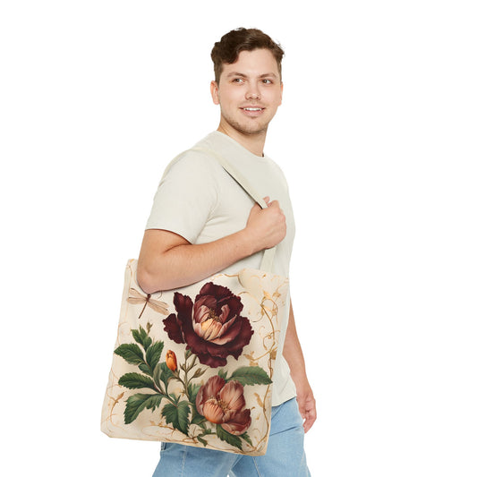 Vintage Burgundy Rose Tote Bag (16x16 & 18x18)- Romantic Floral on Neutral Canvas, Reusable & Eco-Friendly