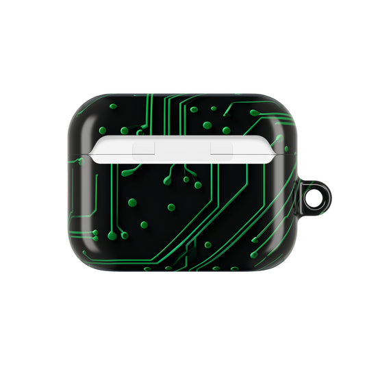 Green Circuit Grid AirPods case back view showing green circuit board grid design
