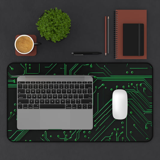 Green Circuit Grid desk mat in workspace with keyboard showing digital circuit design