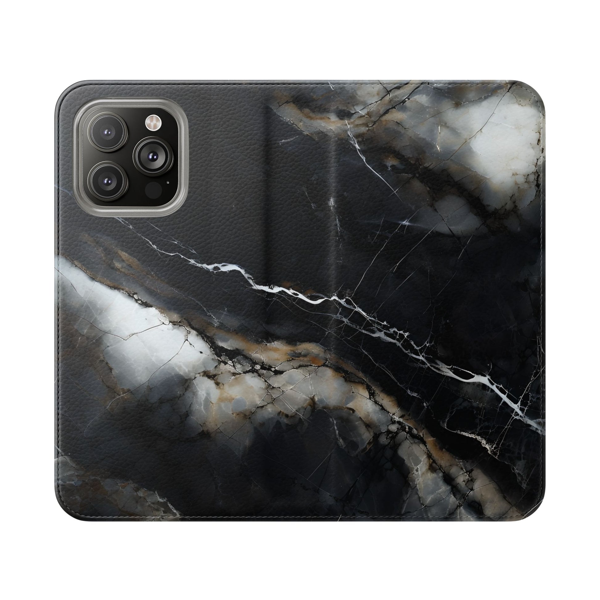 Obsidian Vein Wallet Phone Case - Black & White Marble - Flip Cover for iPhone 14 Pro Max