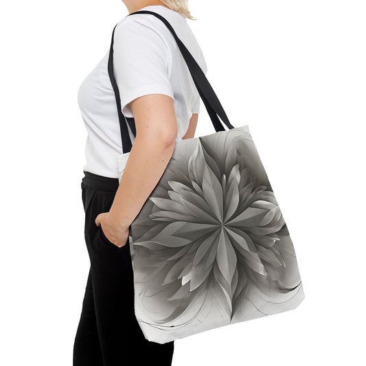 Silver Lotus Tote Bag (16x16 & 18x18)- Elegant Gray Petal Mandala on Black, Reusable & Eco-Friendly Canvas