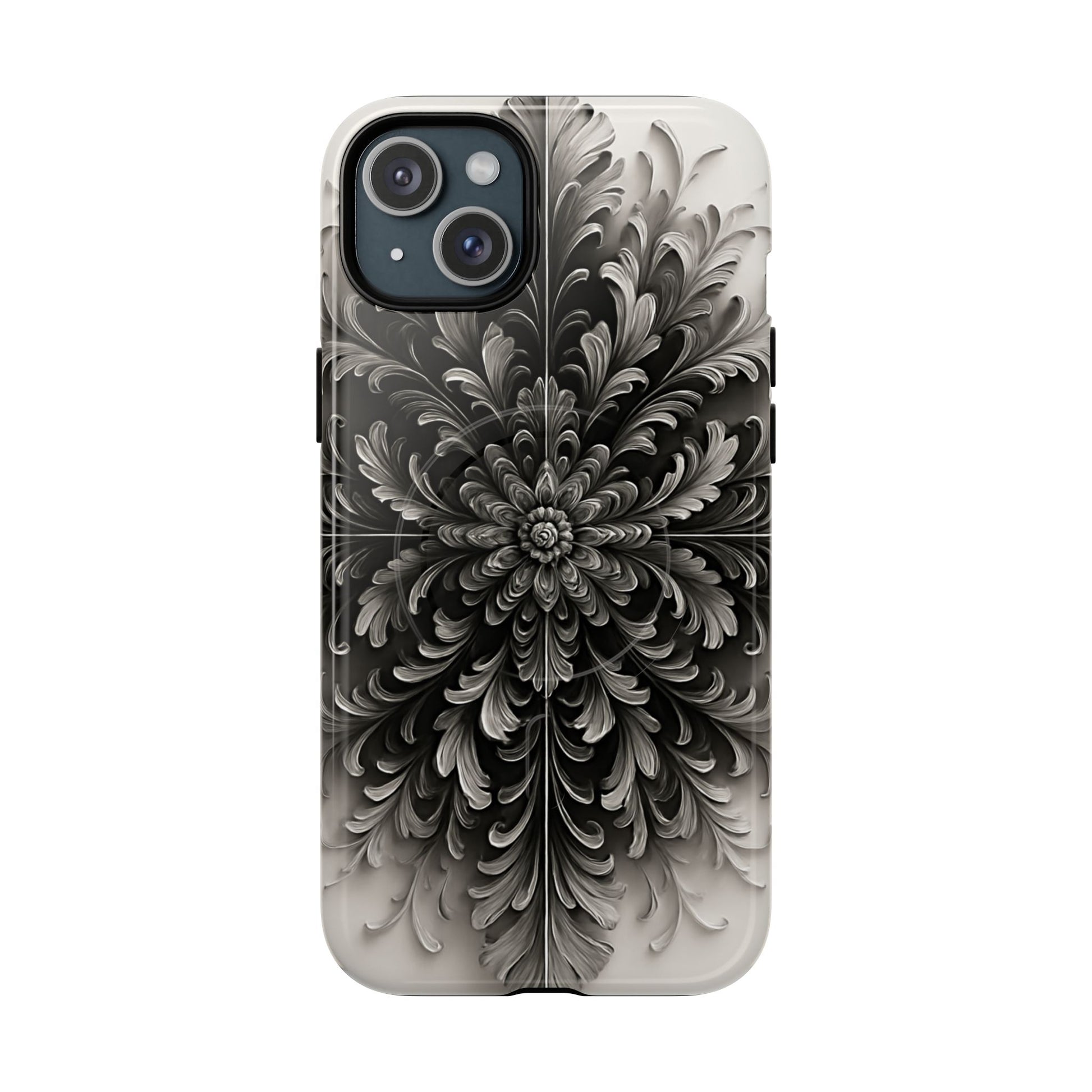 Obsidian Bloom - Elegant Black & White iPhone 15 Plus MagSafe Phone Case - Intricate Mandala Flower Design
