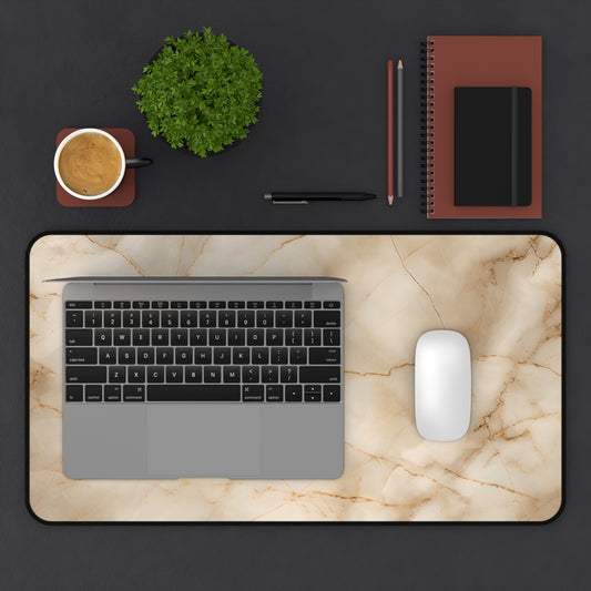 Parchment Mist desk mat in workspace with keyboard showing subtle marble pattern