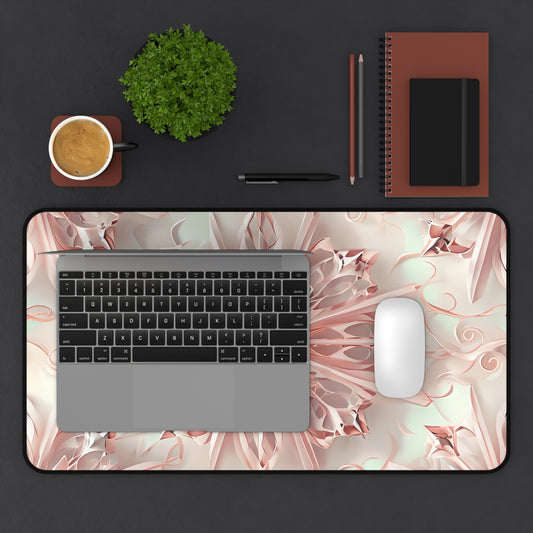 Blush Frost desk mat in workspace with keyboard showing delicate blush floral artwork