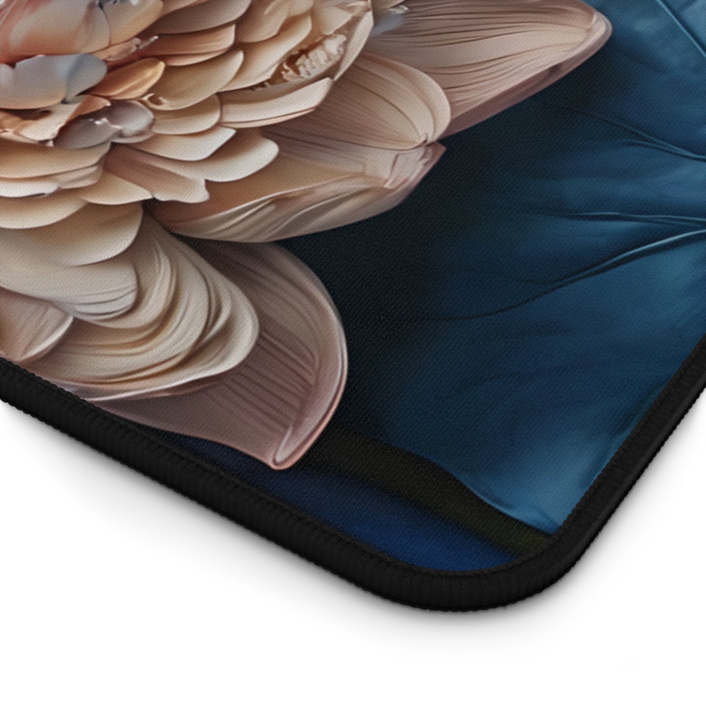 Close-up of Peony Midnight Tapestry desk mat showing detailed peony floral pattern