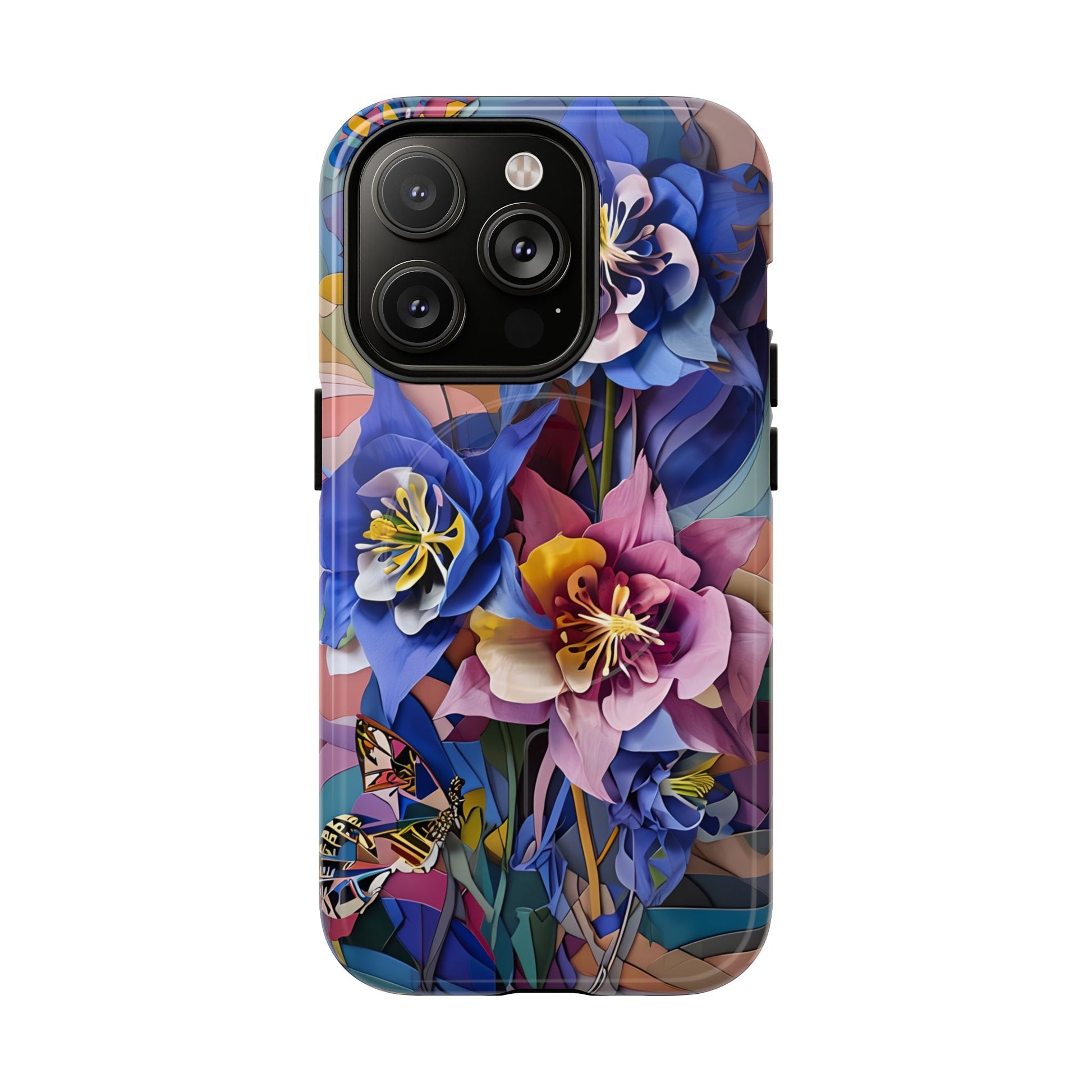 Blue Columbine Carnivale - Artistic Floral & Butterfly iPhone 14 Pro MagSafe Phone Case - Vibrant Botanical Design