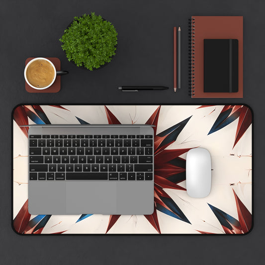 Garnet Starburst desk mat in workspace with keyboard showing bold garnet starburst artwork
