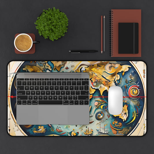 Celestial Map desk mat in workspace with keyboard showing constellation and star map design