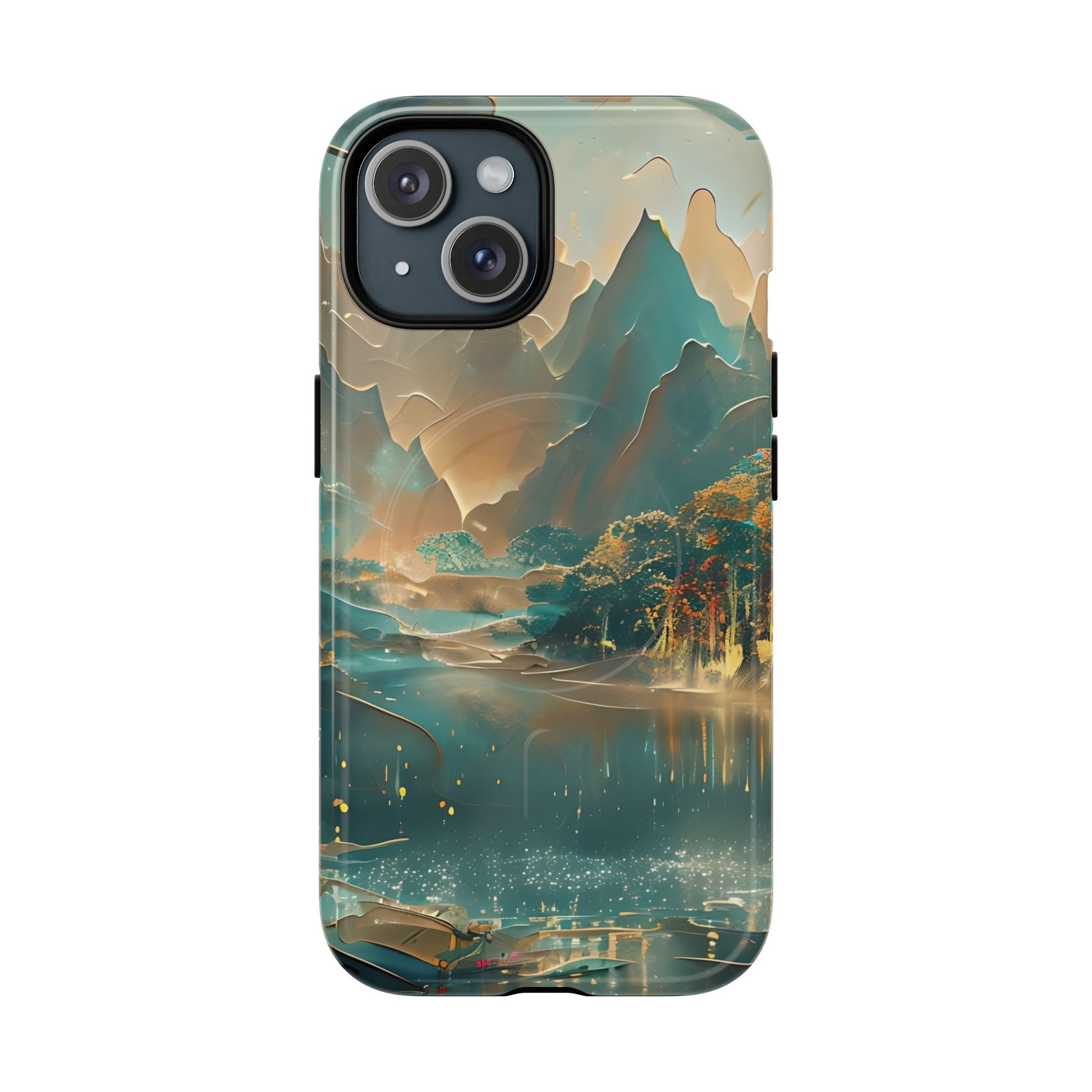 Misty Horizon - Serene Landscape Art iPhone 15 MagSafe Phone Case - Tranquil Mountain & Lake Design