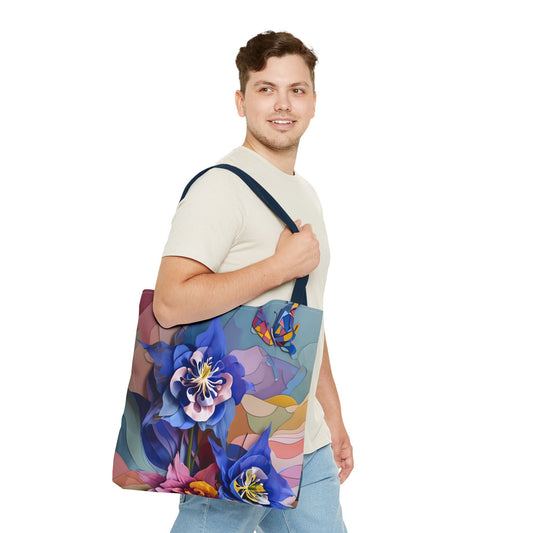 Blue Columbine Carnivale Tote (16x16 & 18x18)- Bold Abstract Florals with Navy Handles, Eco-Friendly Canvas Caryall