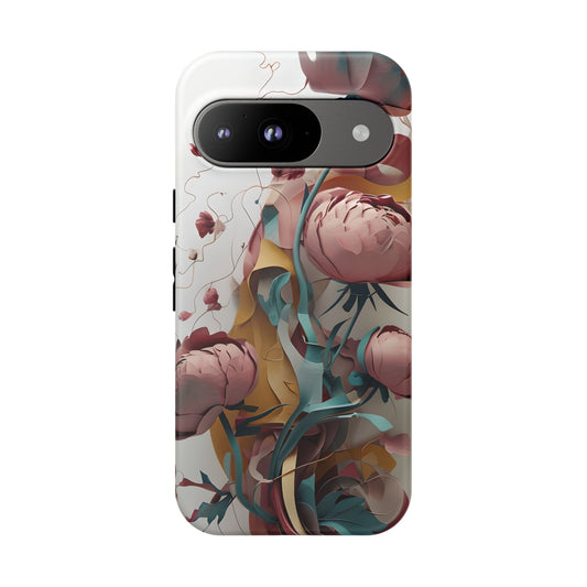 Blushing Peony Veil - Elegant Painterly Floral Google Pixel Tough Phone Case - Soft Blush & Teal Peony Design