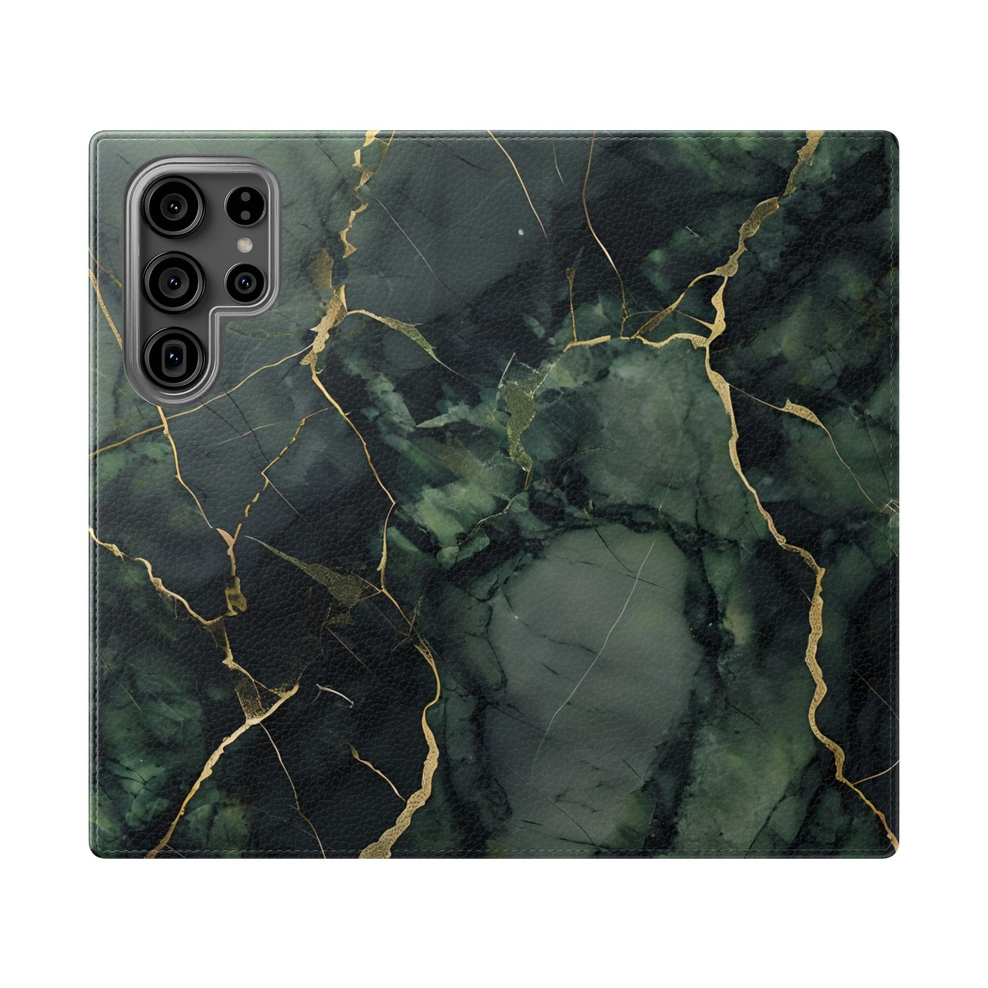 Verdant Vein - Flip Phone Case for Samsung Galaxy S23 Ultra - Green and Gold Marble Design