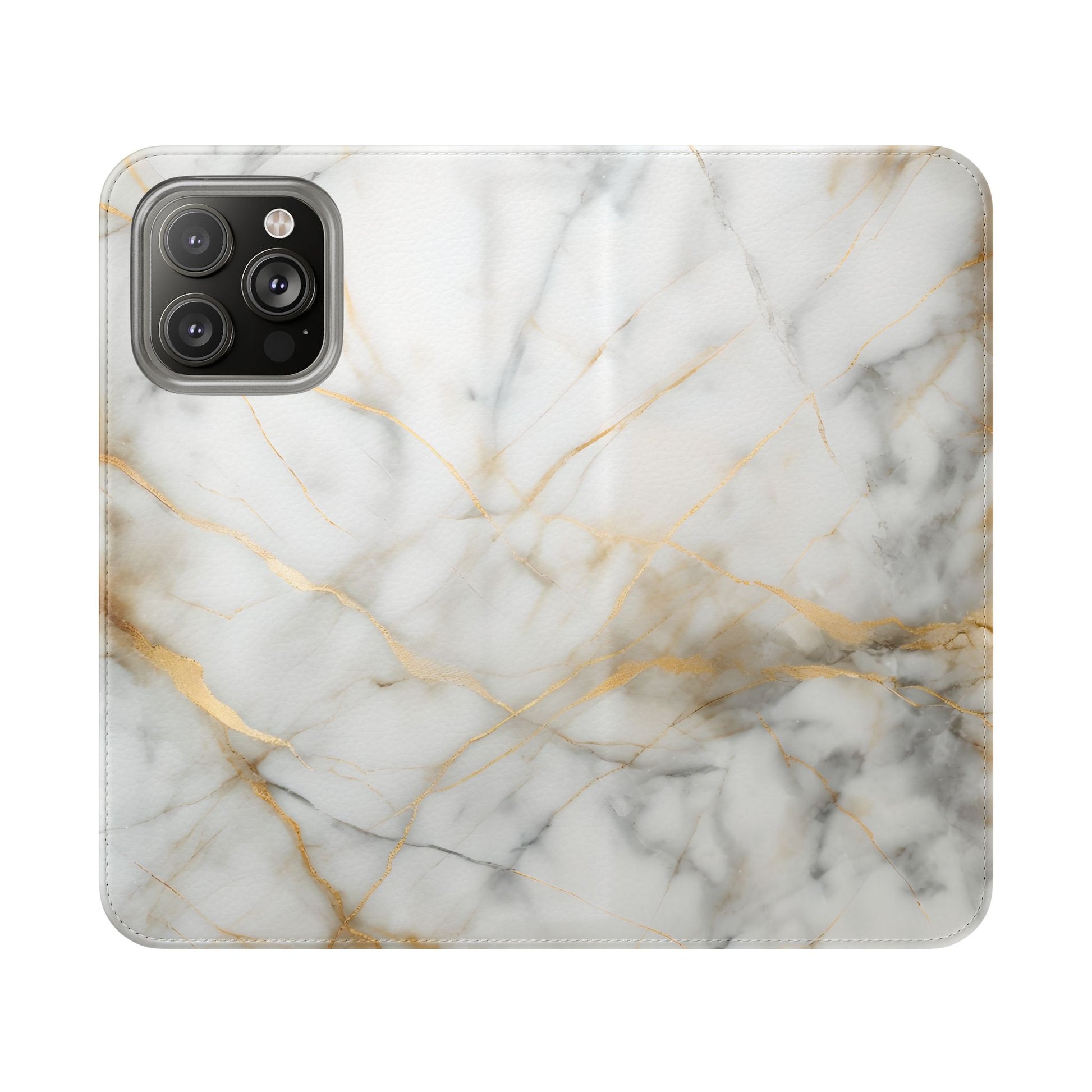 Golden Vein Wallet Phone Case - Gold & White Marble Design - Flip Cover for iPhone 14 Pro Max