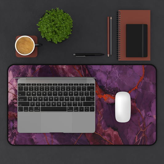 Amethyst Current desk mat in workspace with keyboard showing vibrant amethyst pattern