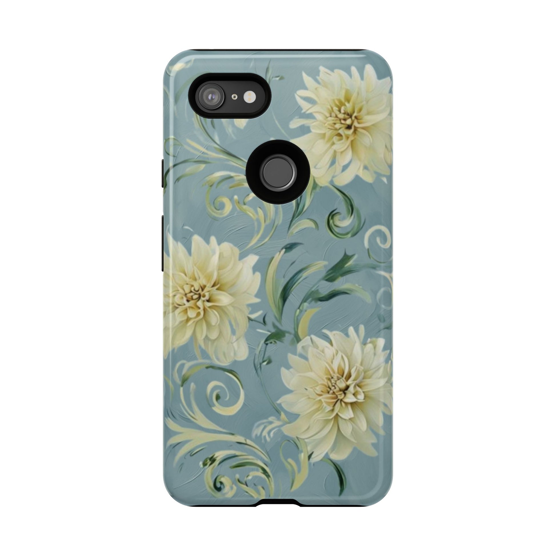 Golden Dahlia Trio - Elegant Floral Google Pixel 3XL Tough Phone Case - Artistic White & Blue Dahlia Design