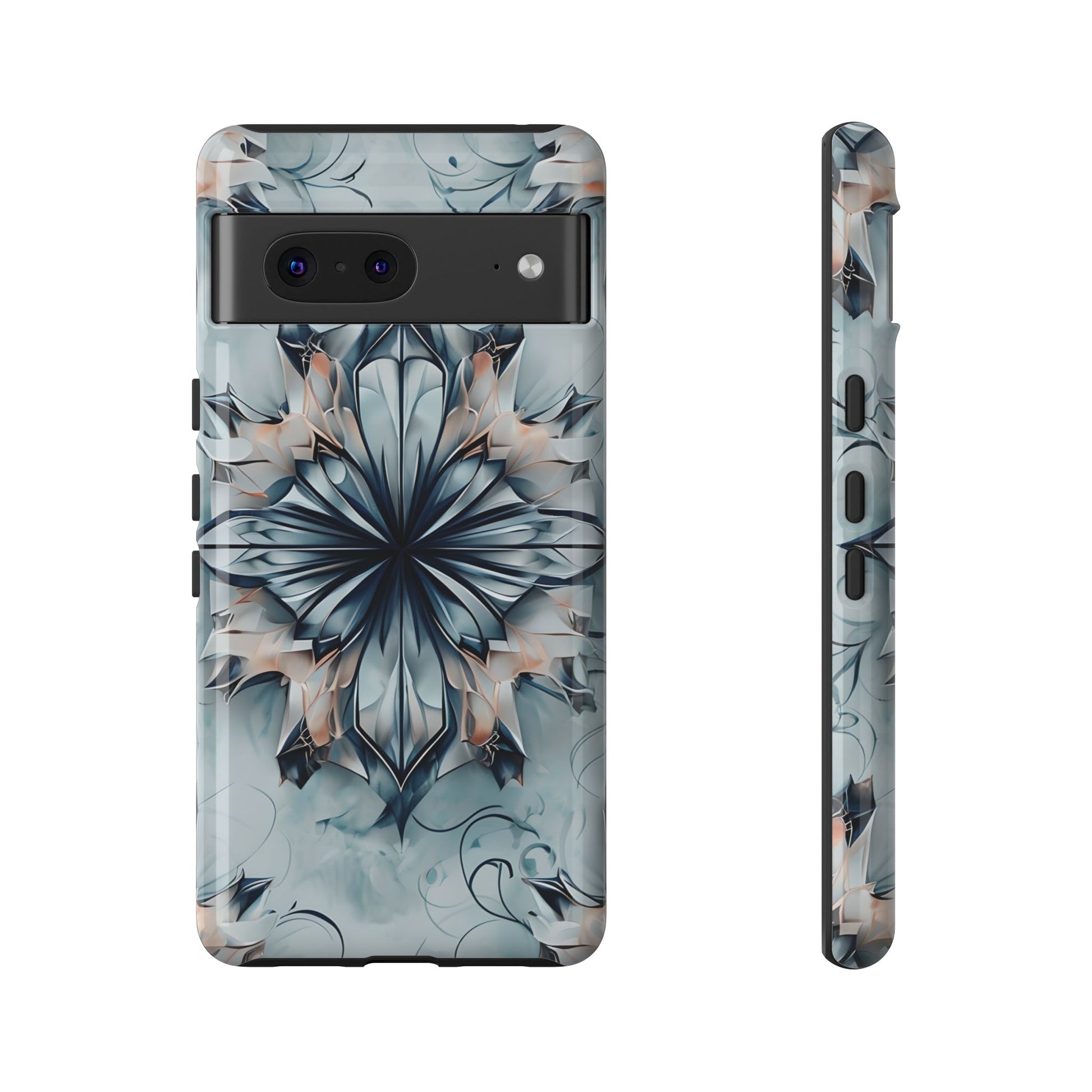 Indigo Mirage - Artistic Kaleidoscope Collection Artistic Floral - Google Pixel 7 Tough Phone Case - Bold Indigo Symmetrical Design