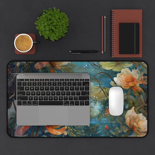 Waterlily Nocturne desk mat in workspace with keyboard showing tranquil waterlily design