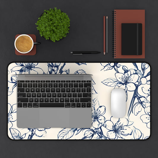 Blossom Sketch desk mat in workspace with keyboard showing elegant botanical sketch design