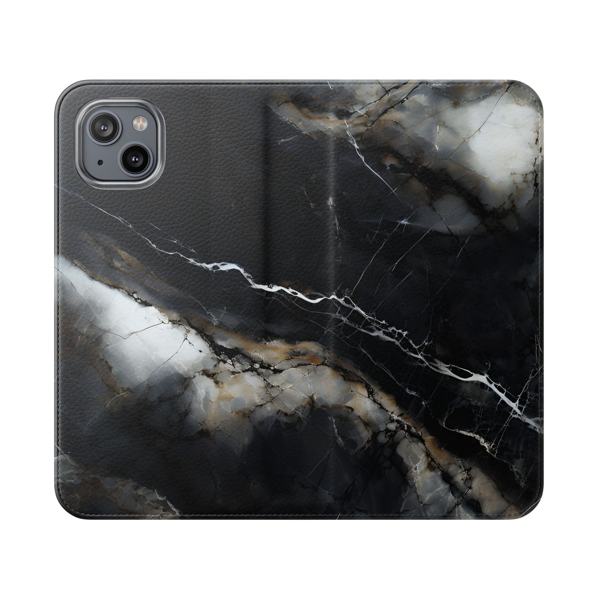 Obsidian Vein Wallet Phone Case - Black & White Marble - Flip Cover for iPhone 14 Plus