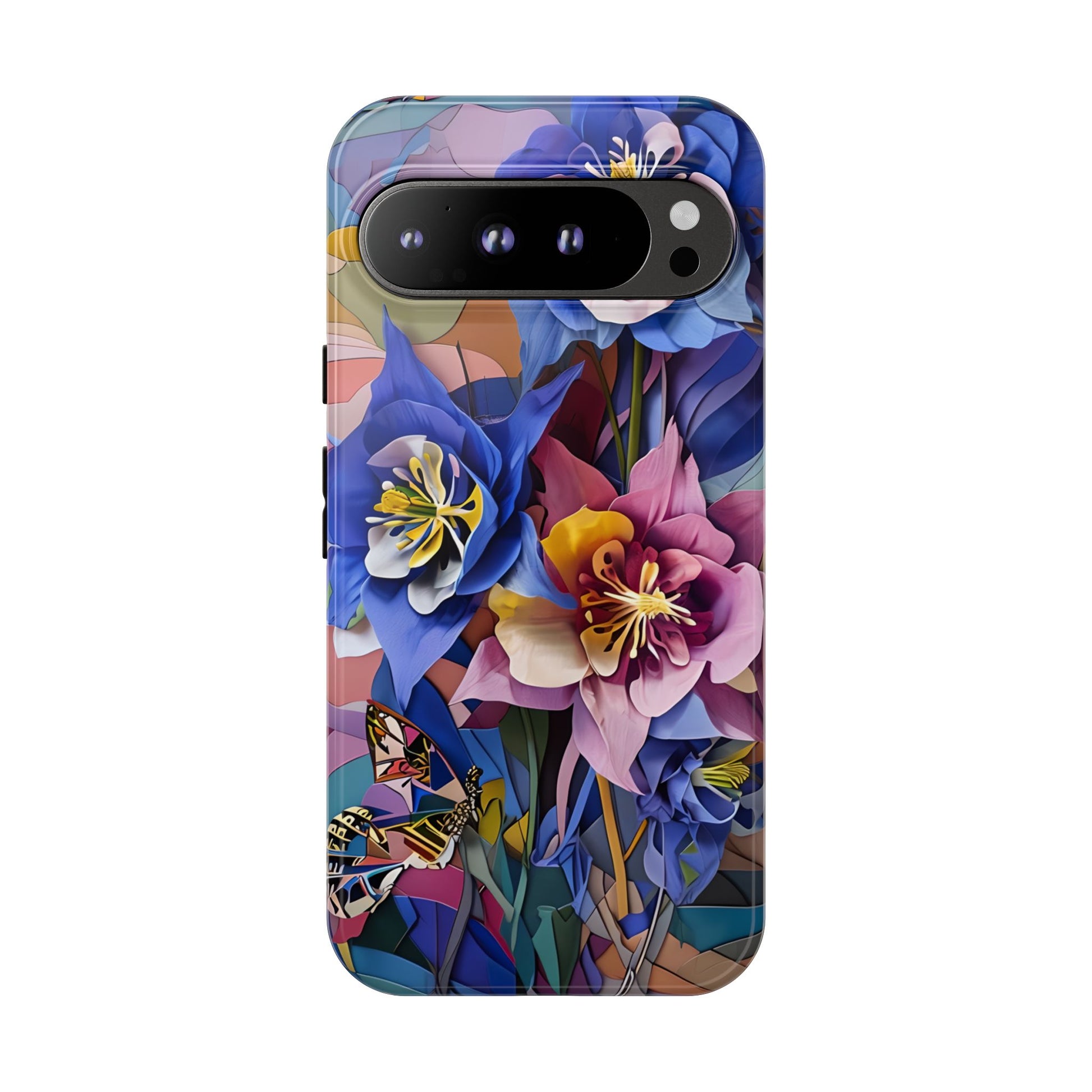 Blue Columbine Carnivale - Artistic Floral & Butterfly Google Pixel 9 Pro XL Tough Phone Case - Vibrant Botanical Design