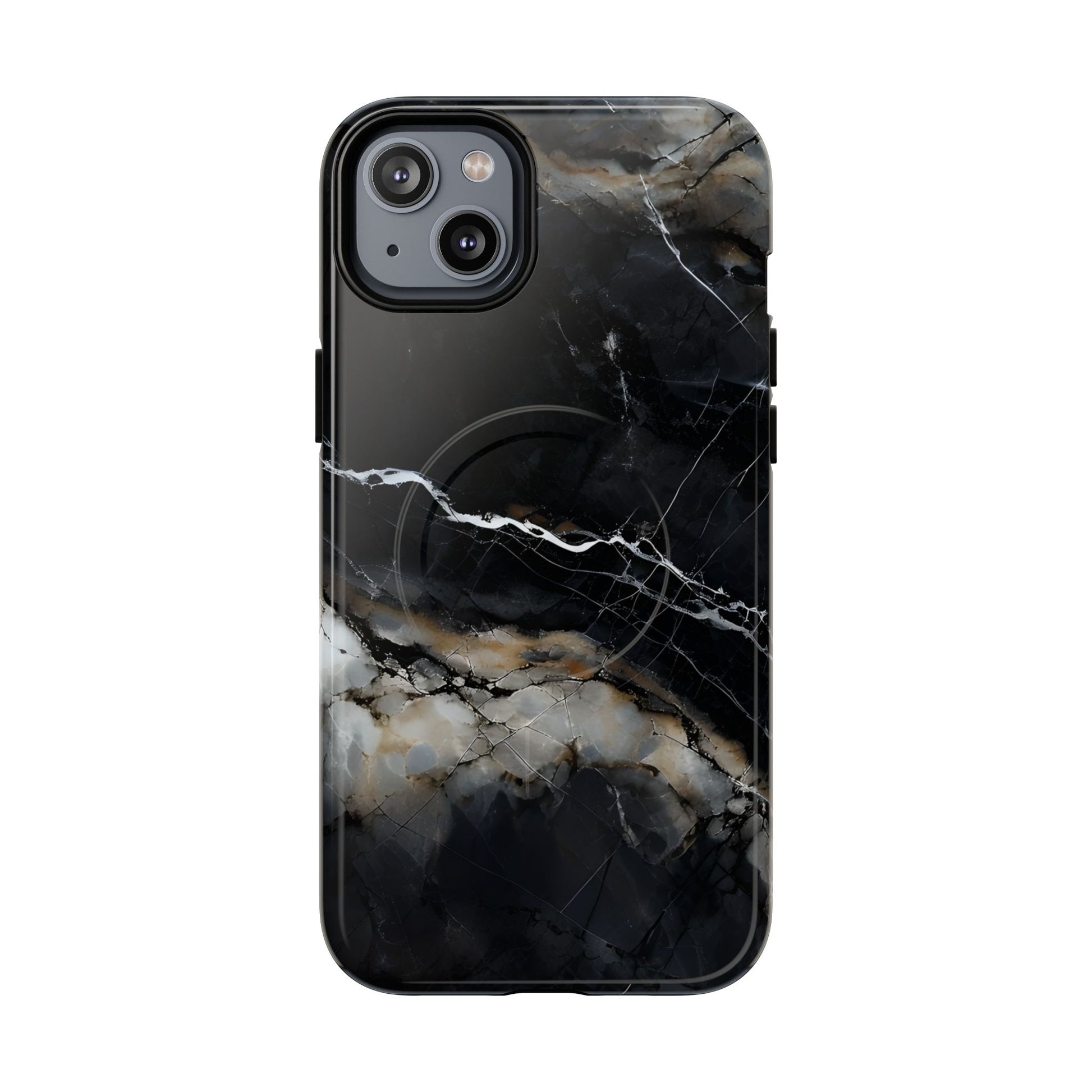 Obsidian Vein iPhone 14 Plus MagSafe Phone Case -Black Neutral Marble Design