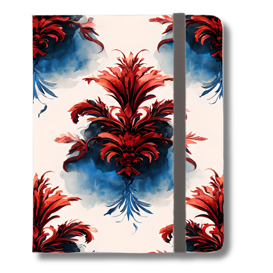 Crimson Plume red and blue feather plume iPad folio case with elastic strap