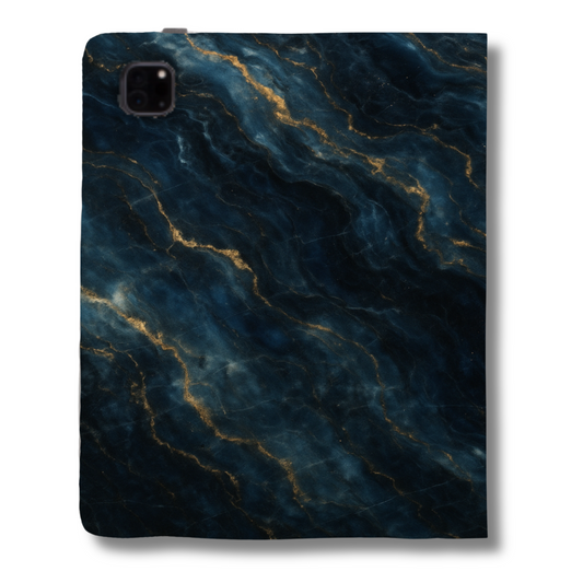 Midnight Marble navy marble gold veining iPad folio case back with camera cutout