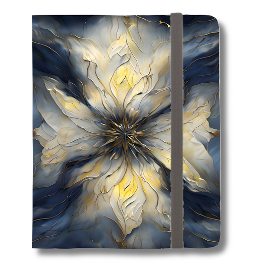 Luminous Petal gold and blue floral iPad folio case with elastic strap