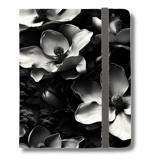 Monochrome Magnolia black and white magnolia floral iPad folio case with elastic strap