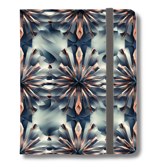 Obsidian Kaleidoscope iPad folio case standing upright showing wraparound kaleidoscope design and elastic closure band, side angle view