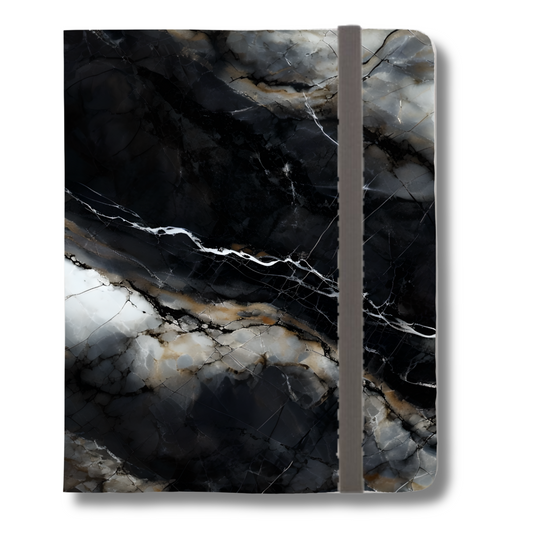 Obsidian Vein iPad folio case standing upright showing wraparound black marble design with striking white vein and elastic closure band, side angle view