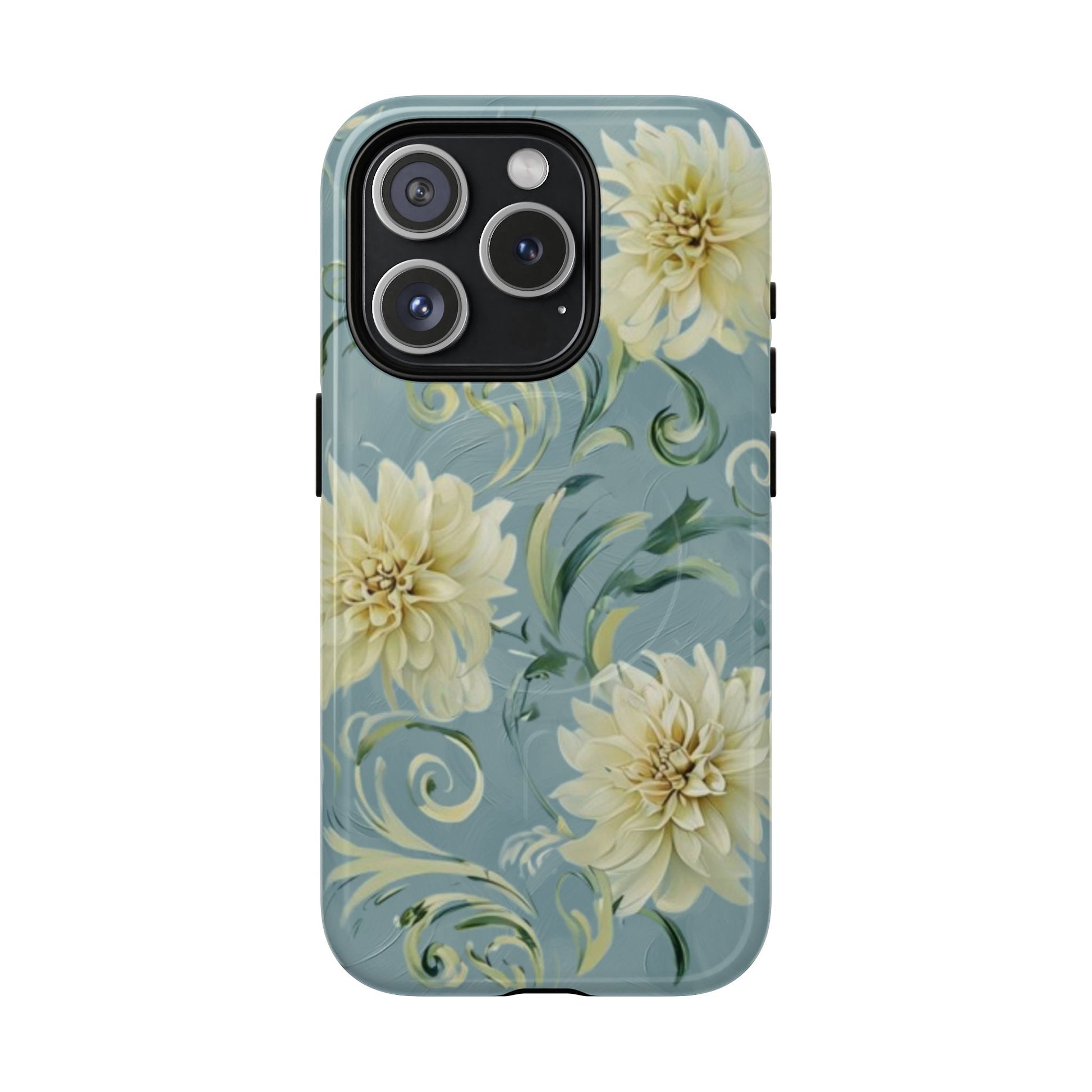 Golden Dahlia Trio - Elegant Floral iPhone 15 Pro MagSafe Phone Case - Artistic White & Blue Dahlia Design