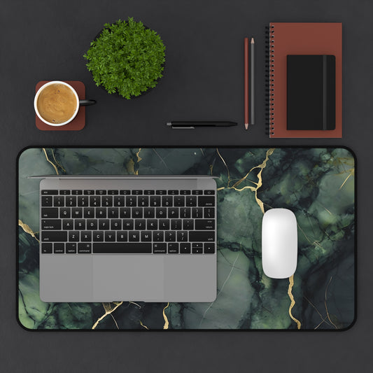 Verdant Vein desk mat in workspace with keyboard showing rich green marble design