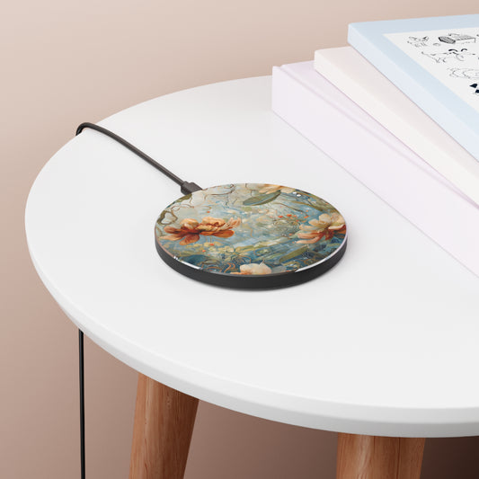 Waterlily Dreamscape water lily floral art Qi wireless charger on bedside table with books