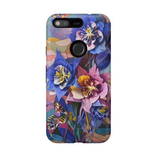 Blue Columbine Carnivale - Artistic Floral & Butterfly Google Pixel Tough Phone Case - Vibrant Botanical Design