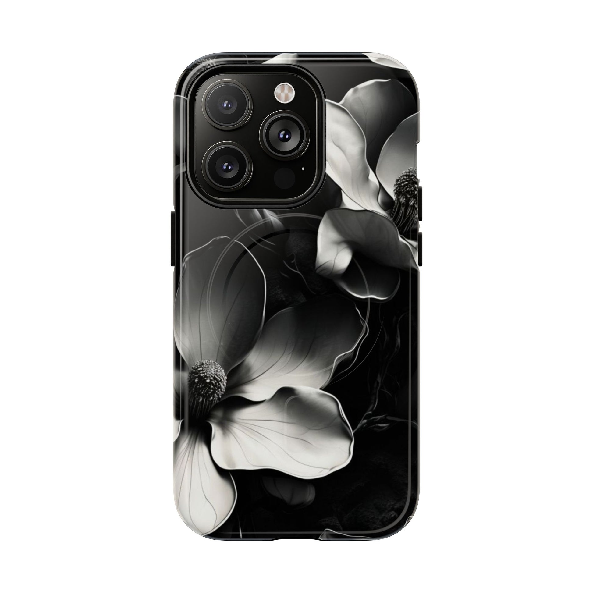 Monochrome Magnolia - Elegant Black & White Floral iPhone 14 Pro MagSafe Phone Case - Artistic Magnolia Design