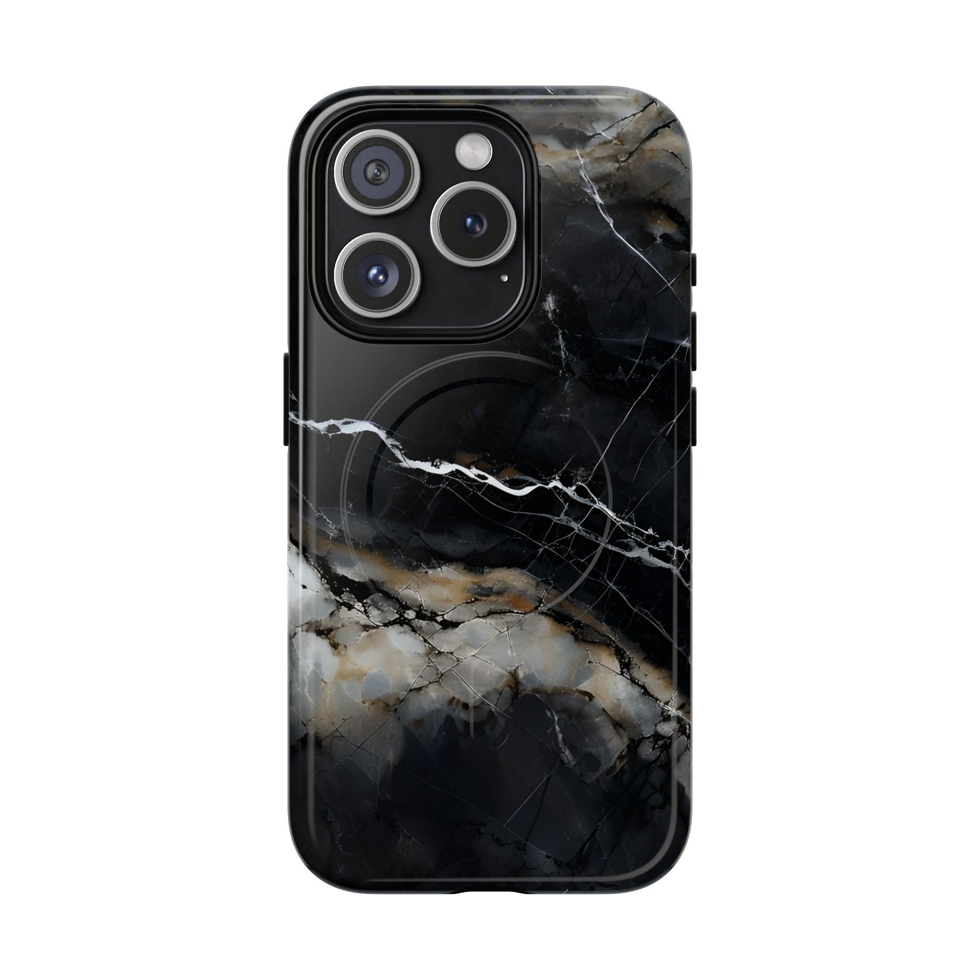 Obsidian Vein iPhone 15 Pro MagSafe Phone Case -Black Neutral Marble Design