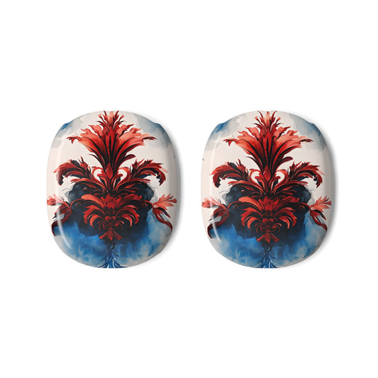 Crimson Plume AirPods Max ear cup covers with red plume design over white and deep blue abstract base, flat product view
