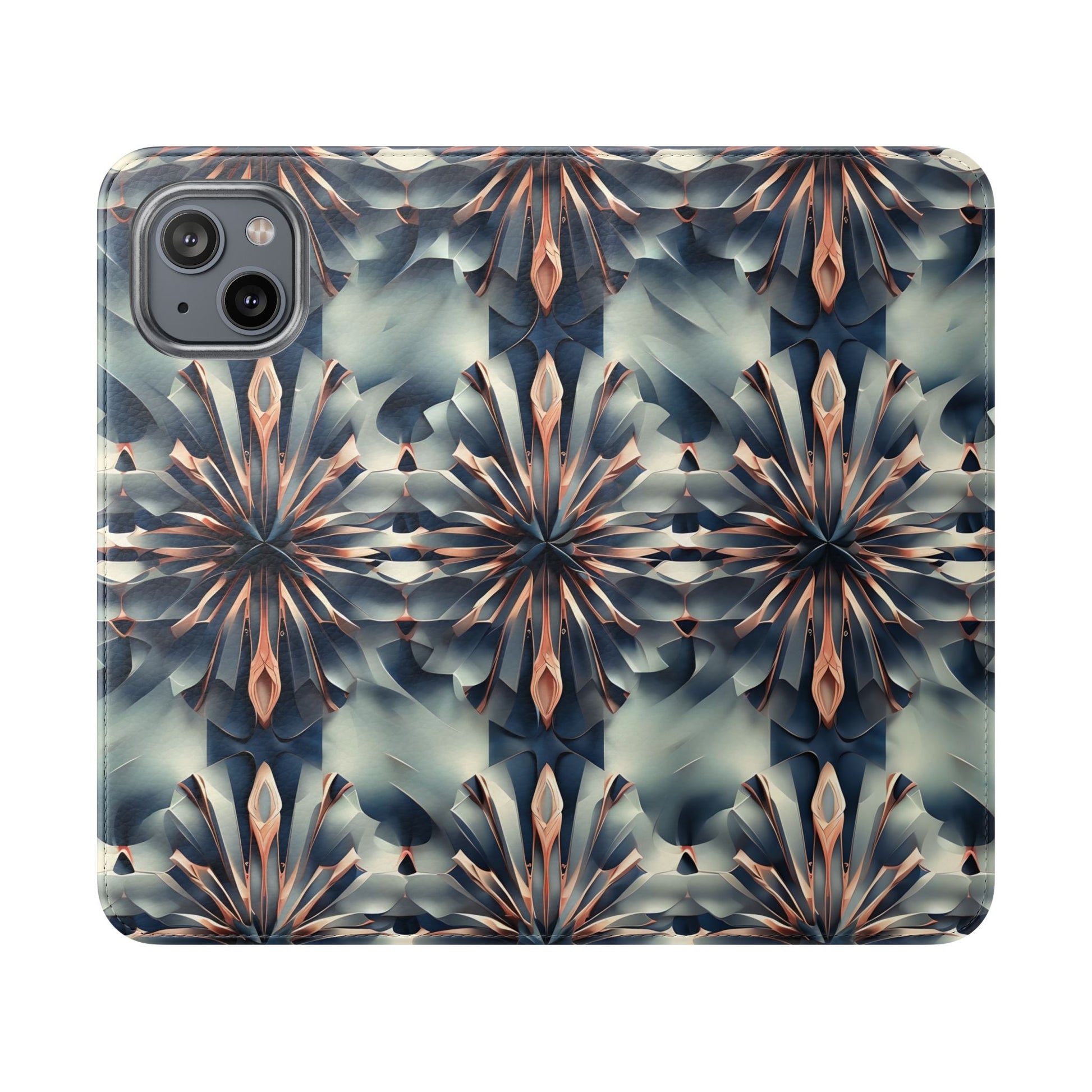 Obsidian Kaleidoscope iPhone 14 Wallet Case - Elegant Abstract Flip Cover with Card Slots