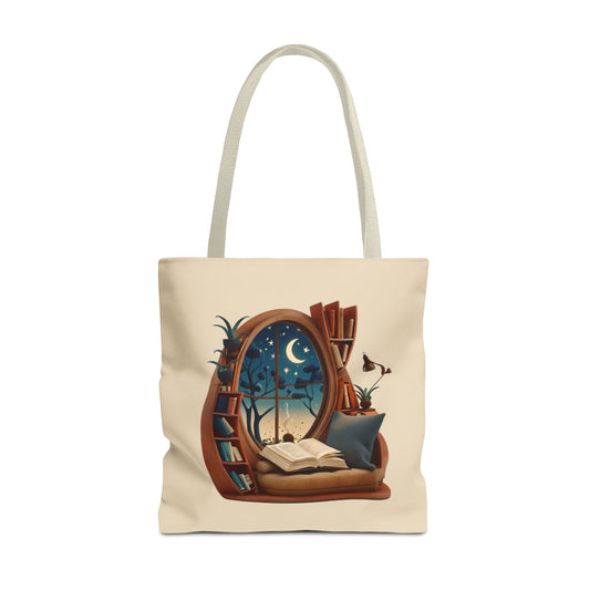 Starlit Sanctuary Canvas Tote Bag (16x16 & 18x18) - Cozy Reading Nook Design Eco-Friendly Shopping Bag