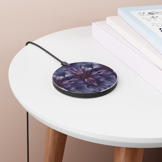 Twilight Tapestry purple abstract mandala art Qi wireless charger on bedside table with books