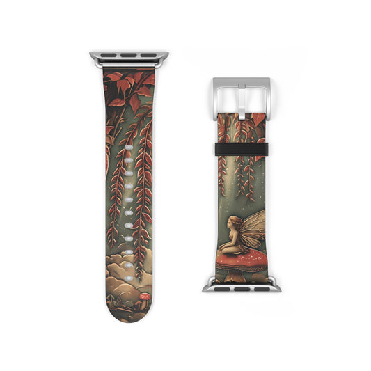 Willow Whisper Apple Watch band strap with silver clasp showing fairy sitting on mushroom in enchanted forest with flowing willow branches