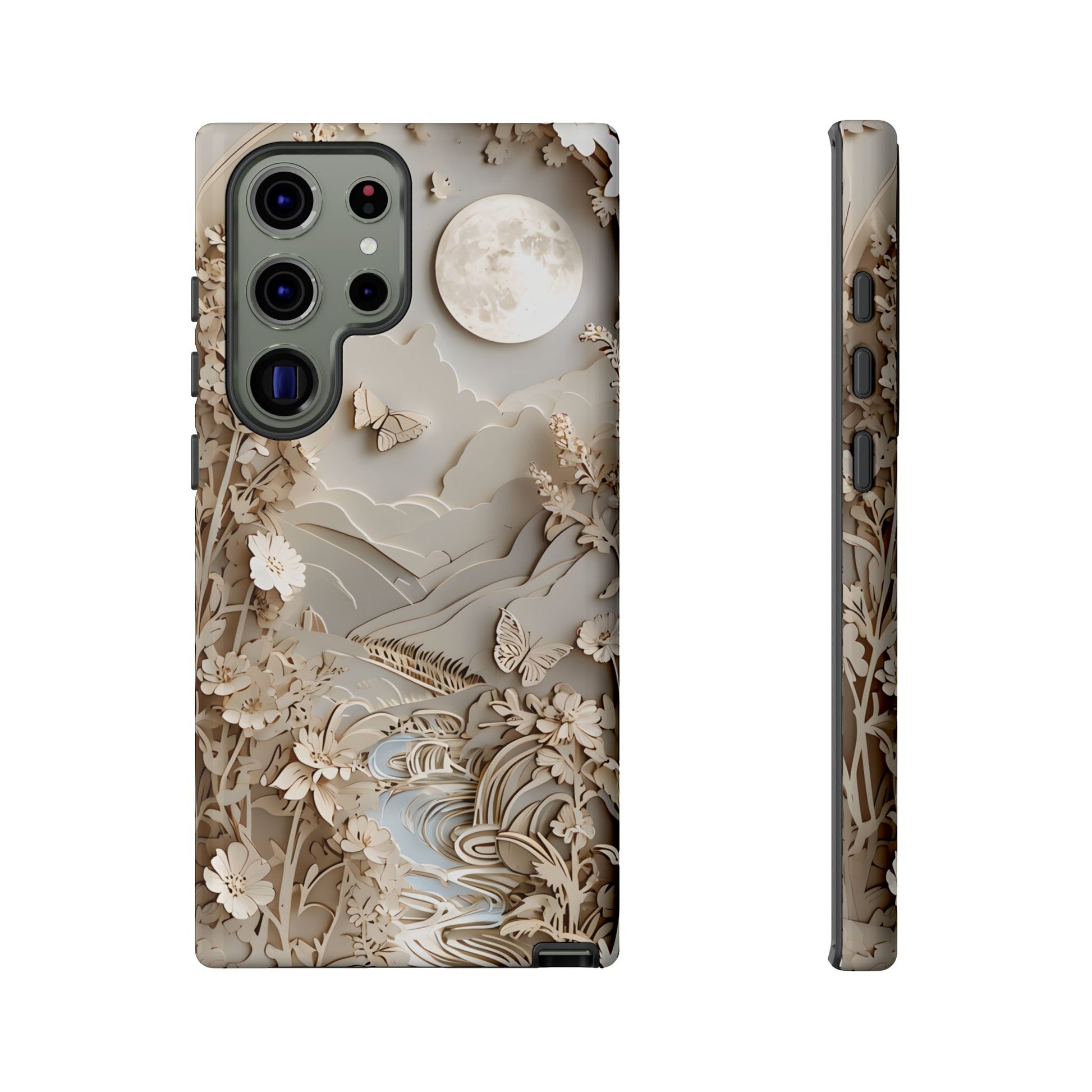 Moonlit Garden - Elegant Neutral Floral Samsung Galaxy S23 Ultra Tough Phone Case - Painterly Botanical & Moon Design
