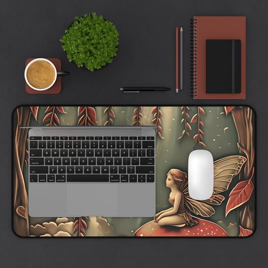 Willow Whisper desk mat in workspace with keyboard showing fairy and woodland artwork