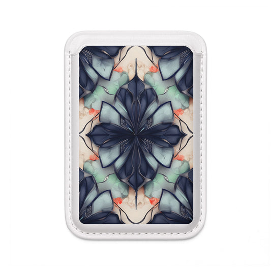 Midnight Mosaic navy and teal geometric floral mandala MagSafe card holder on white magnetic wallet