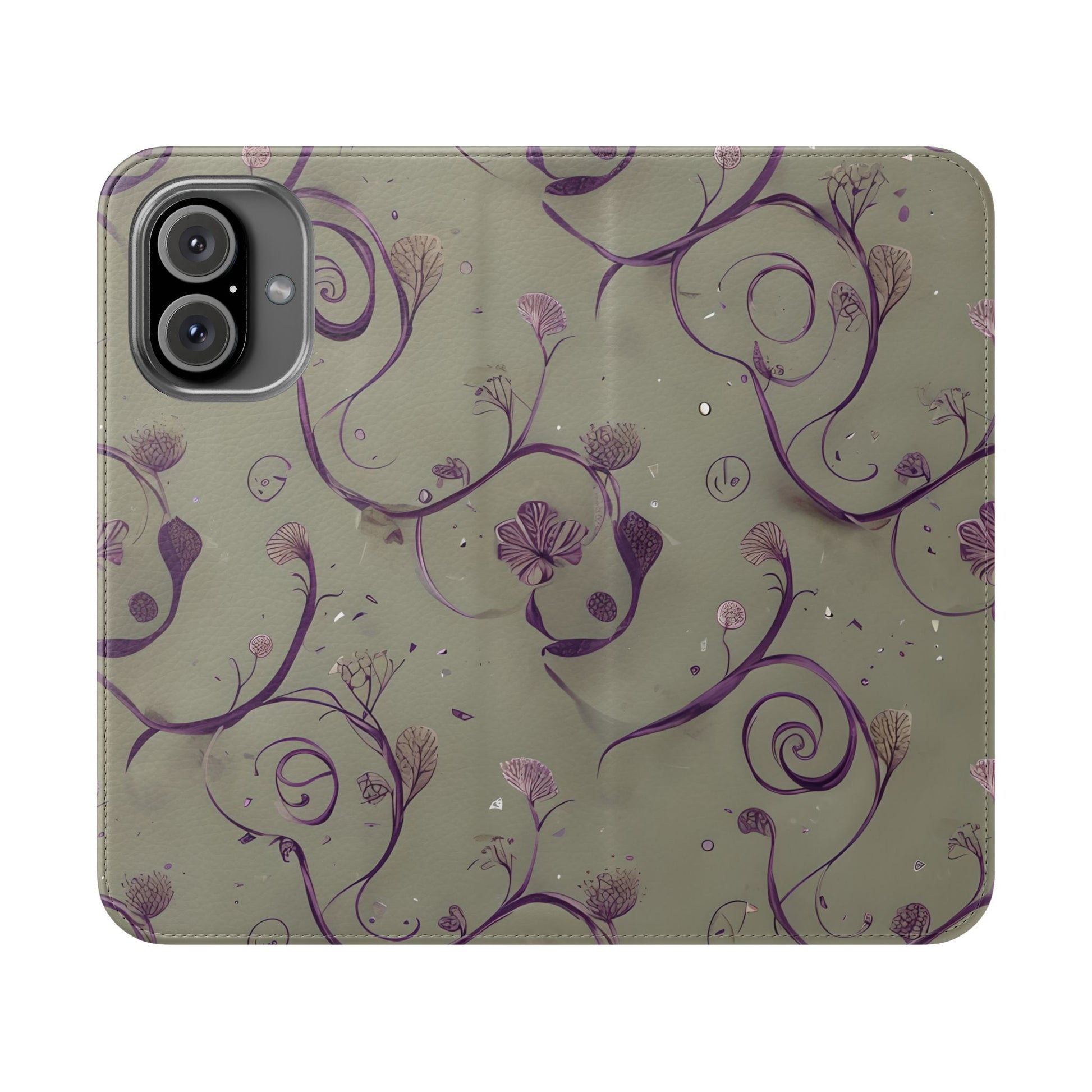 Twilight Thistle Bloom Wallet Phone Case - Elegant Purple Floral Vine Flip Cover for iPhone 16