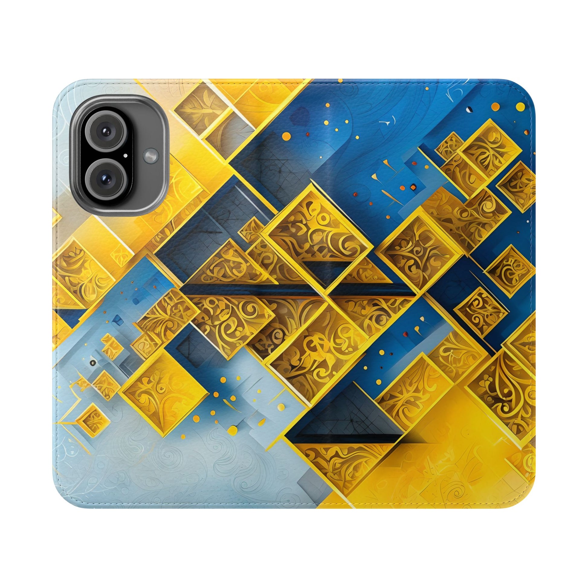 Golden Ascent Wallet Phone Case - Abstract Yellow & Blue Flip Cover for iPhone 16