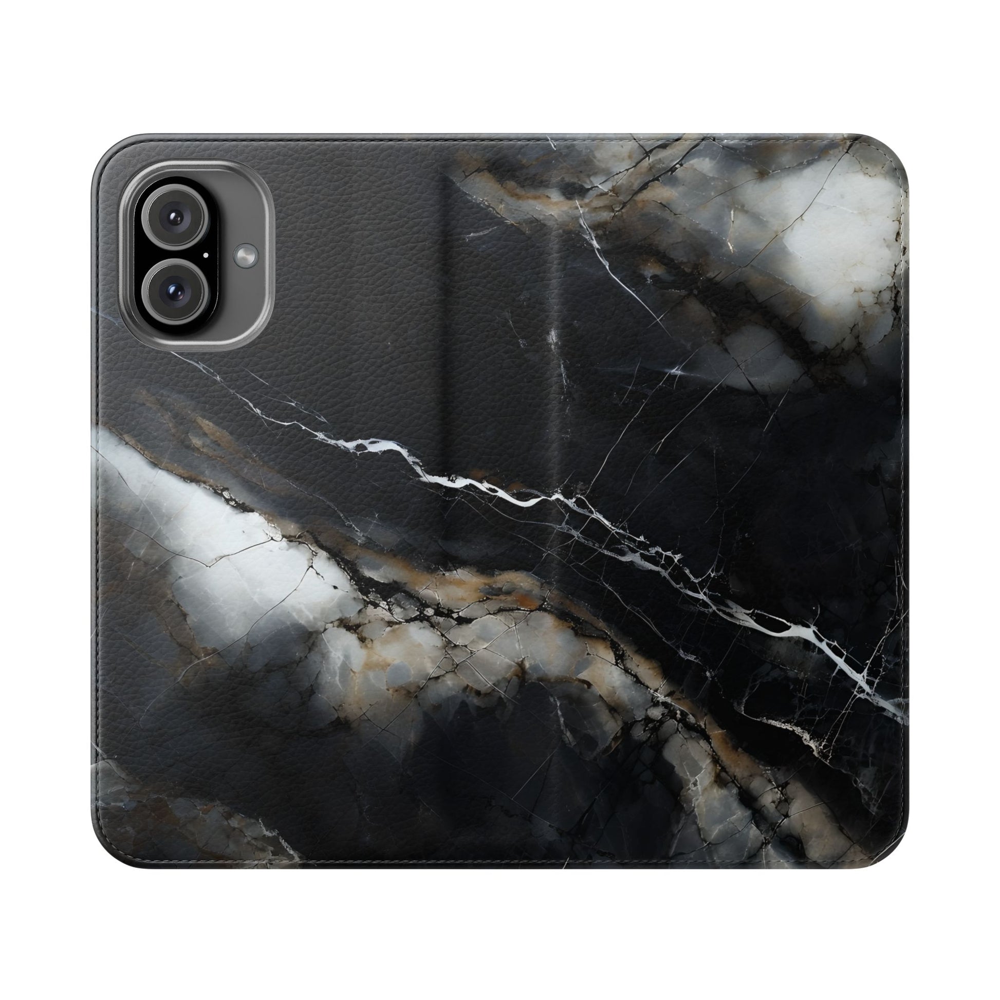 Obsidian Vein Wallet Phone Case - Black & White Marble - Flip Cover for iPhone 16 Plus